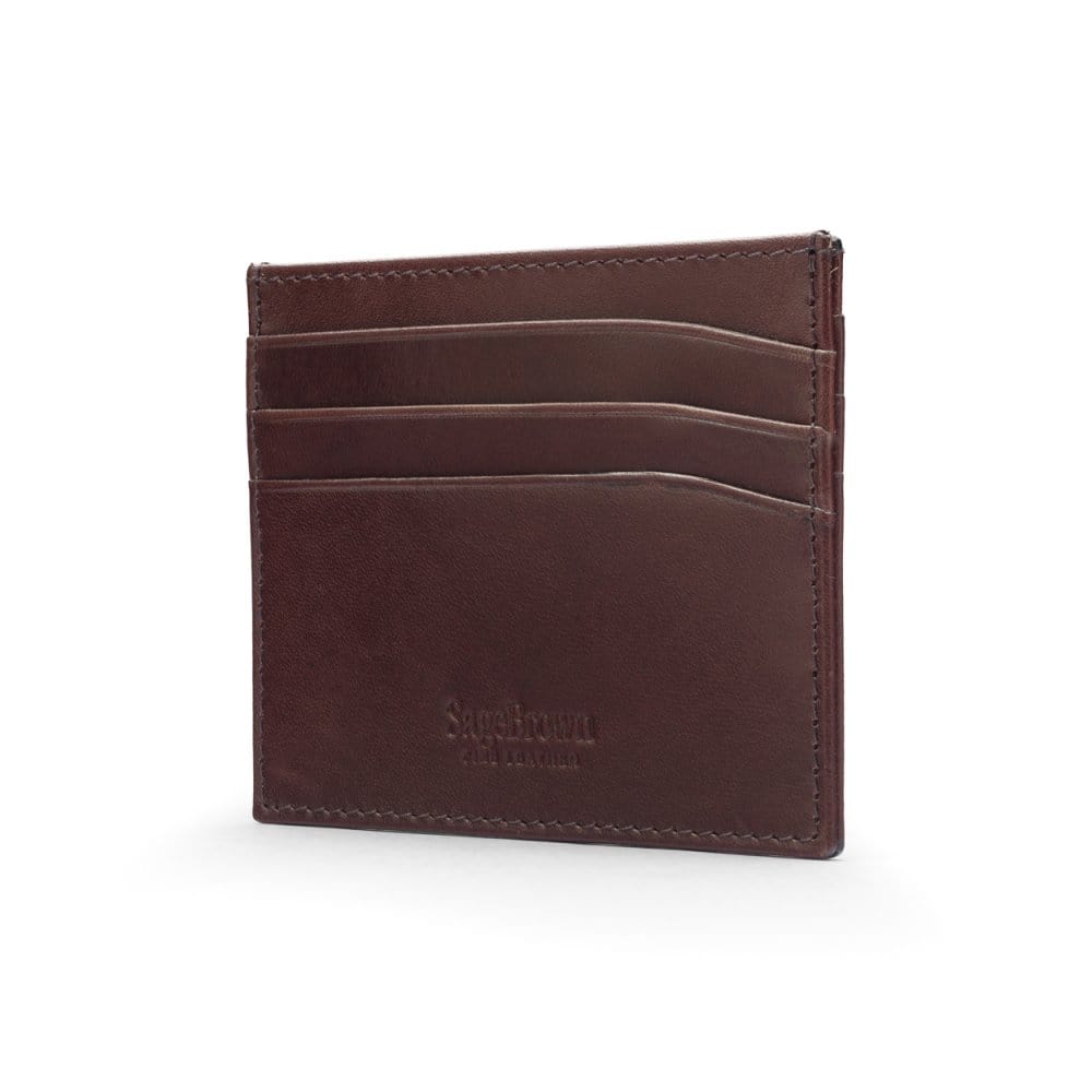 Leather flat credit card wallet 6 CC, brown, back