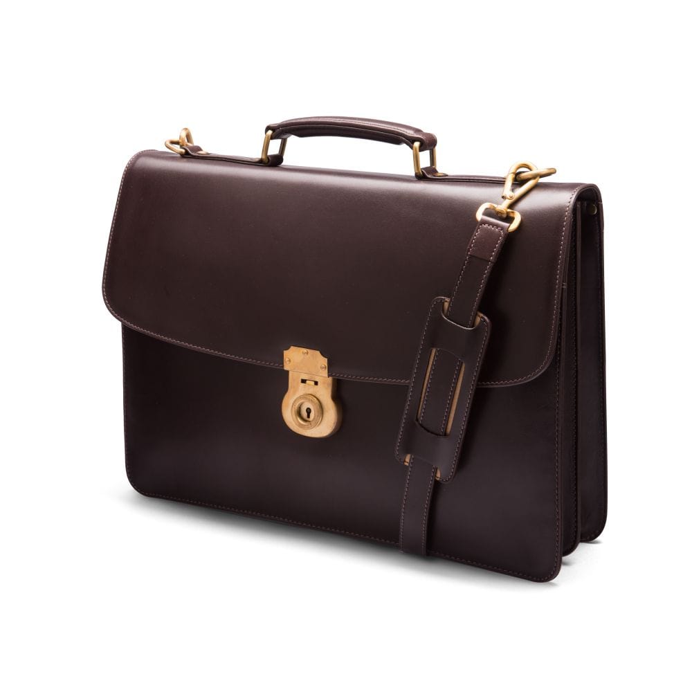 Leather briefcase with brass lock, Harvard, brown, side