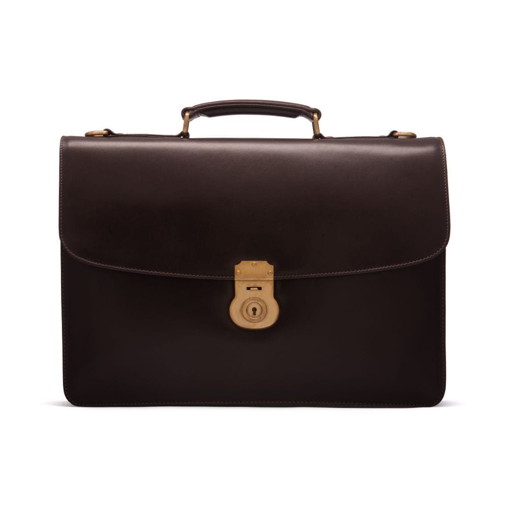Leather briefcase with brass lock, Harvard, brown, front