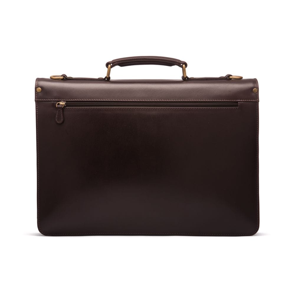 Leather briefcase with brass lock, Harvard, brown, back