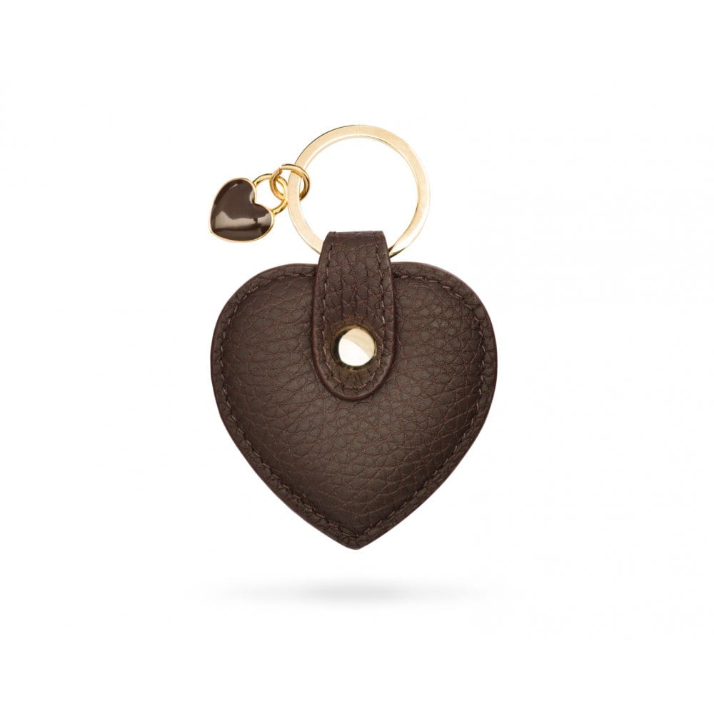 Leather heart shaped key ring, brown, front