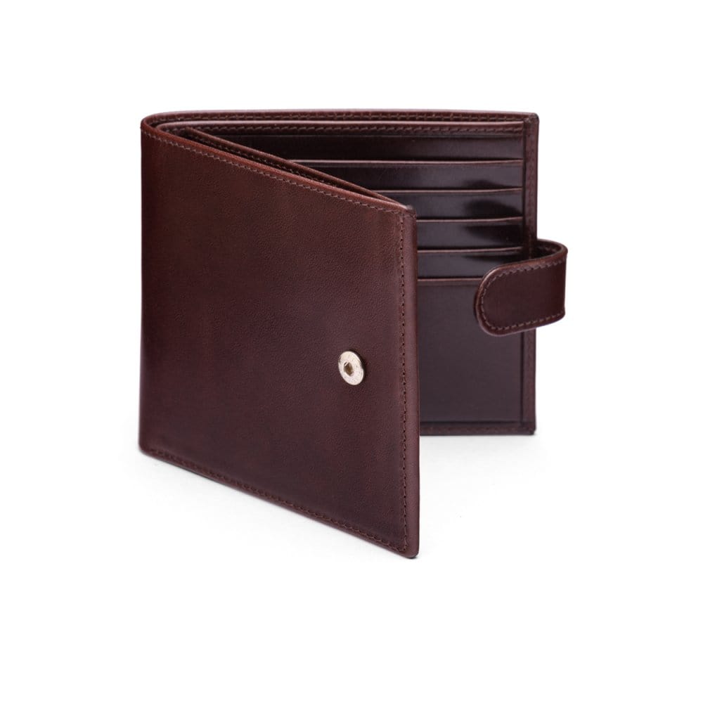 Leather wallet with tab closure, brown, front