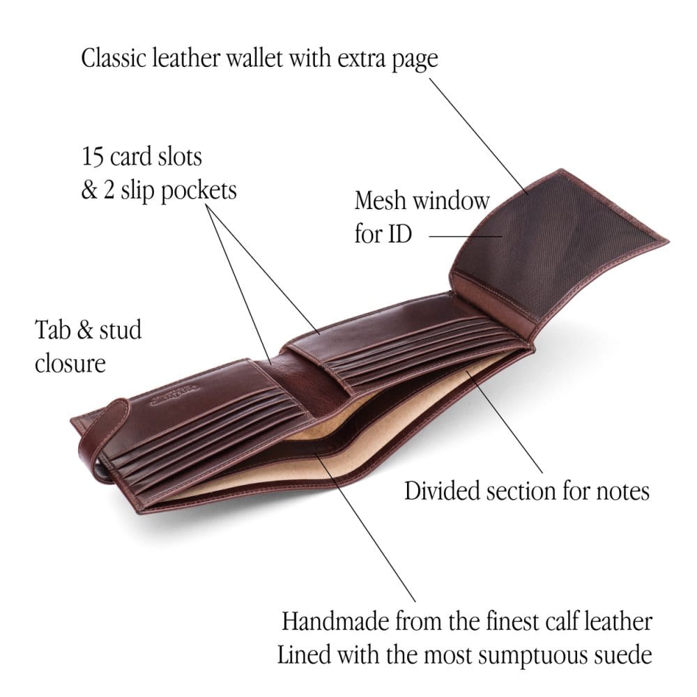 Leather wallet with tab closure, brown, features
