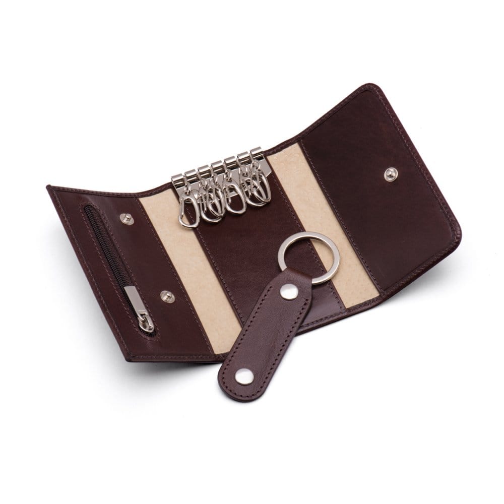 Key wallet with detachable key fob, brown, open