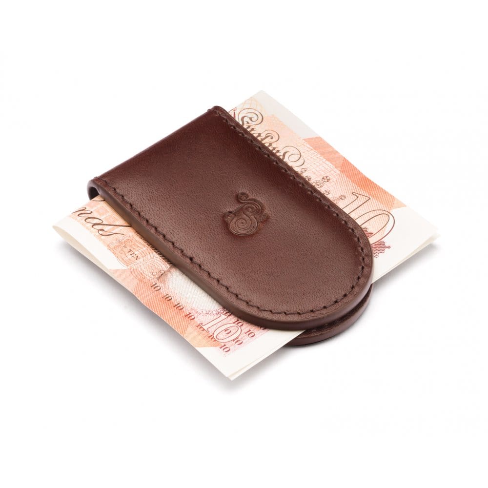 Leather Magnetic Money Clip, brown, with cash