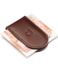 Leather Magnetic Money Clip, brown, with cash