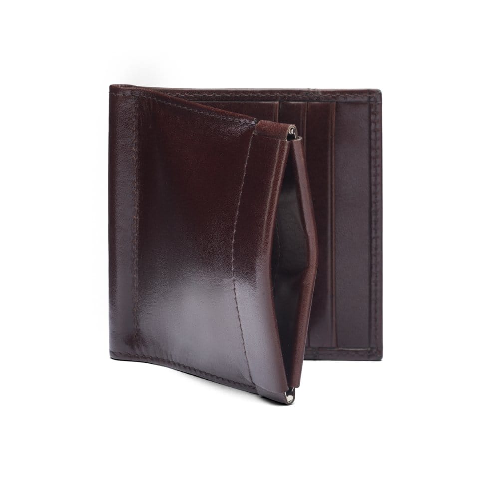 Leather money clip wallet with coin purse, brown, front