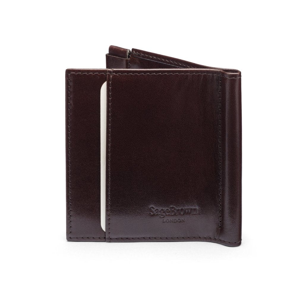 Leather money clip wallet with coin purse, brown, back
