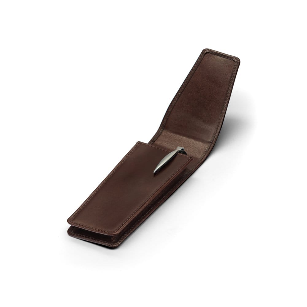 Leather pen case, brown, open