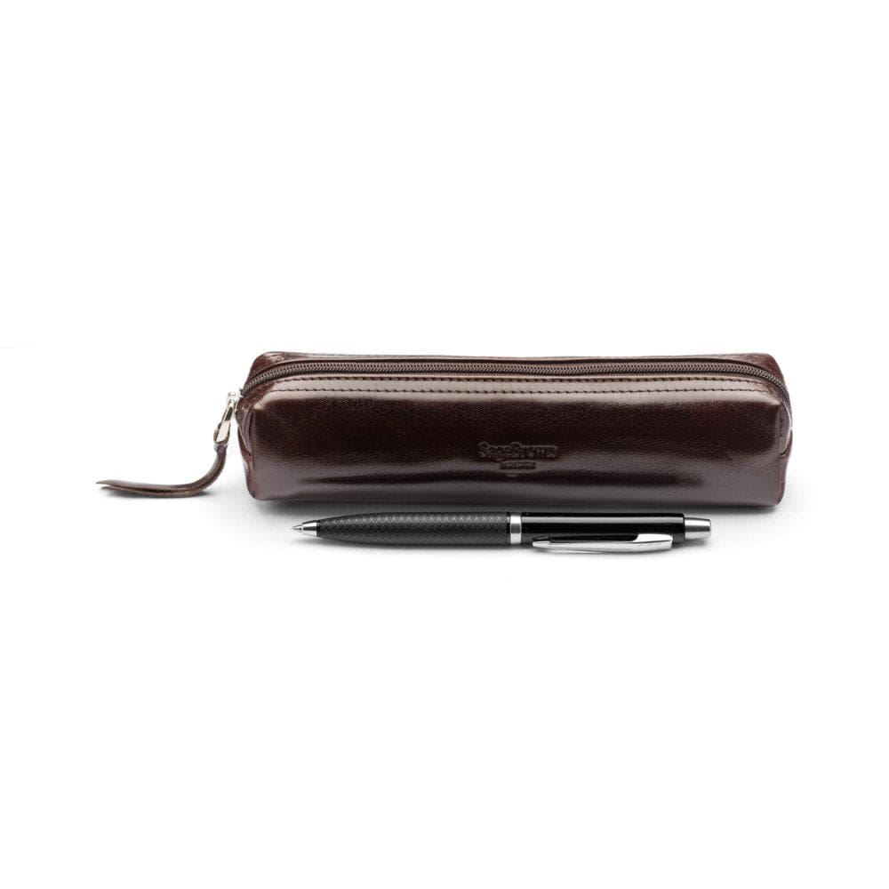 Leather pencil case, brown, front