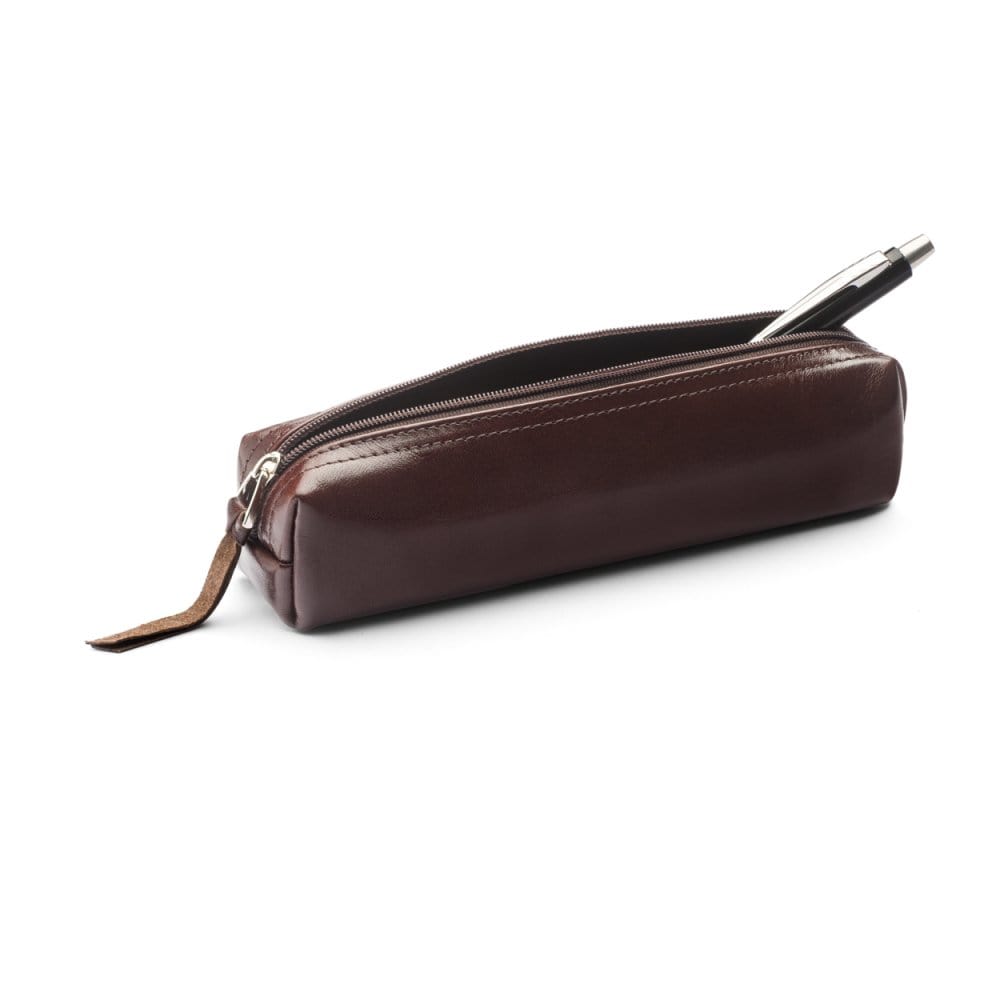 Leather pencil case, brown, open
