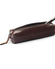 Leather pencil case, brown, open