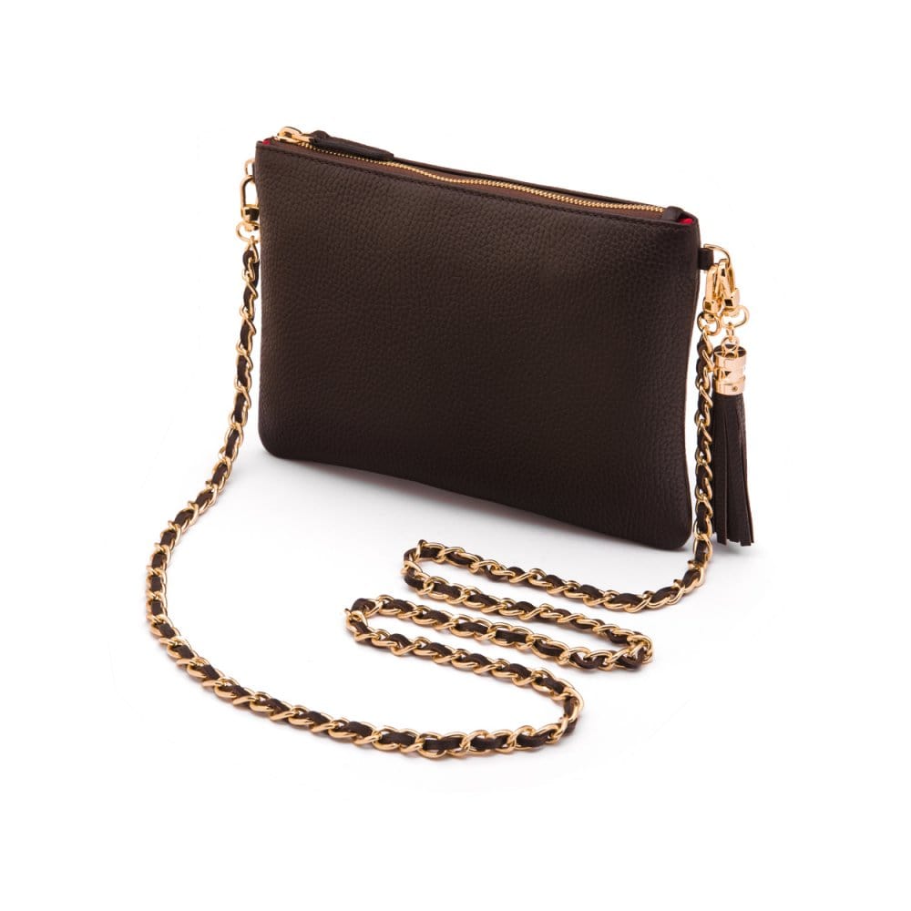 Leather cross body bag with chain strap, brown