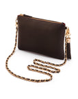 Leather cross body bag with chain strap, brown