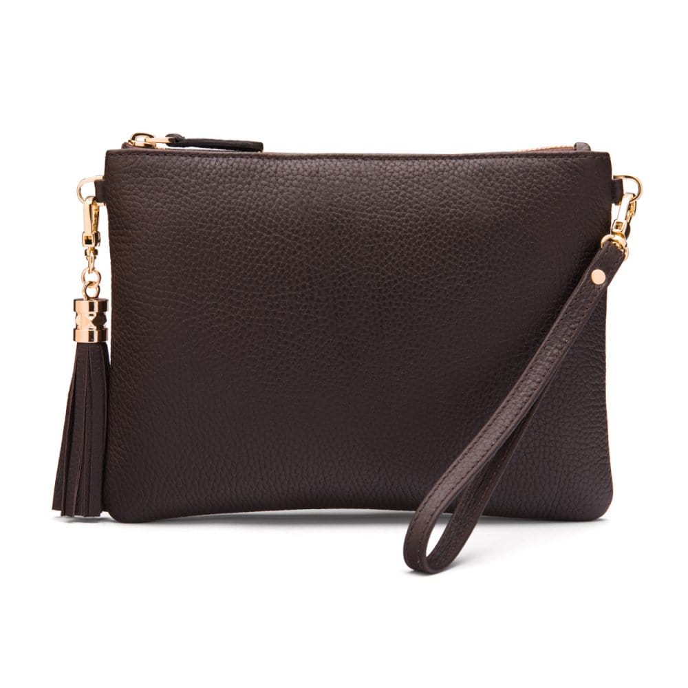 Leather cross body bag with chain strap, brown, without shoulder strap