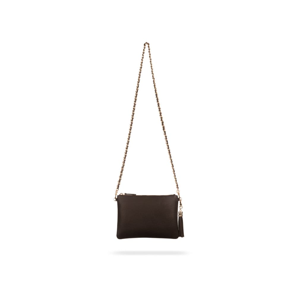 Leather cross body bag with chain strap, brown, front