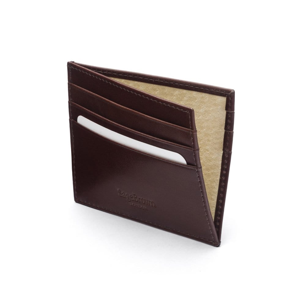 Leather side opening flat card holder, brown, inside, black