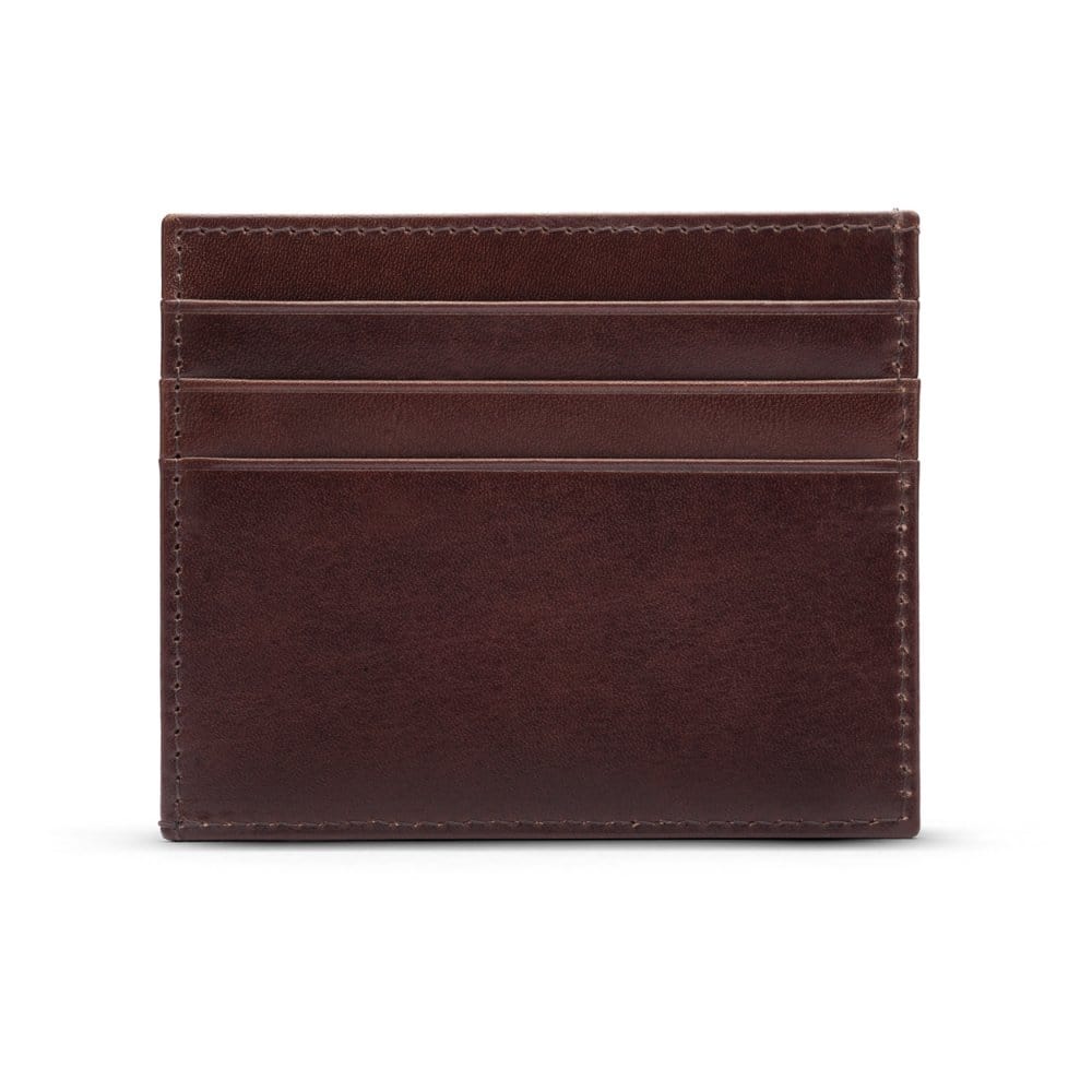 Leather side opening flat card holder, brown, front