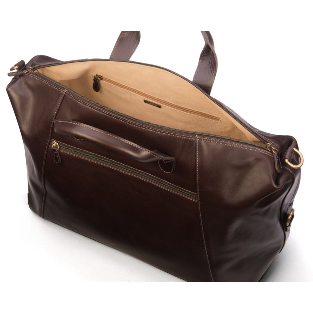 Leather holdall, brown, inside