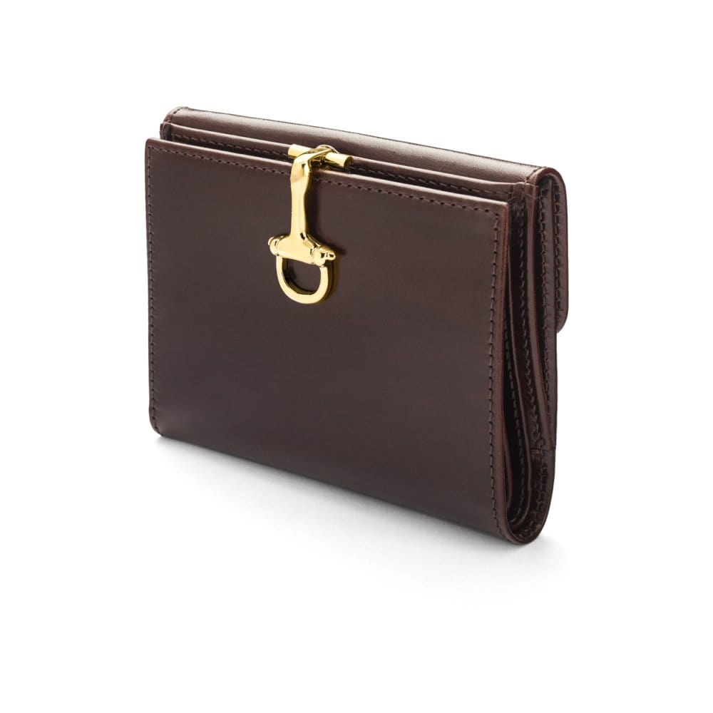 Leather purse with brass clasp, brown, front view