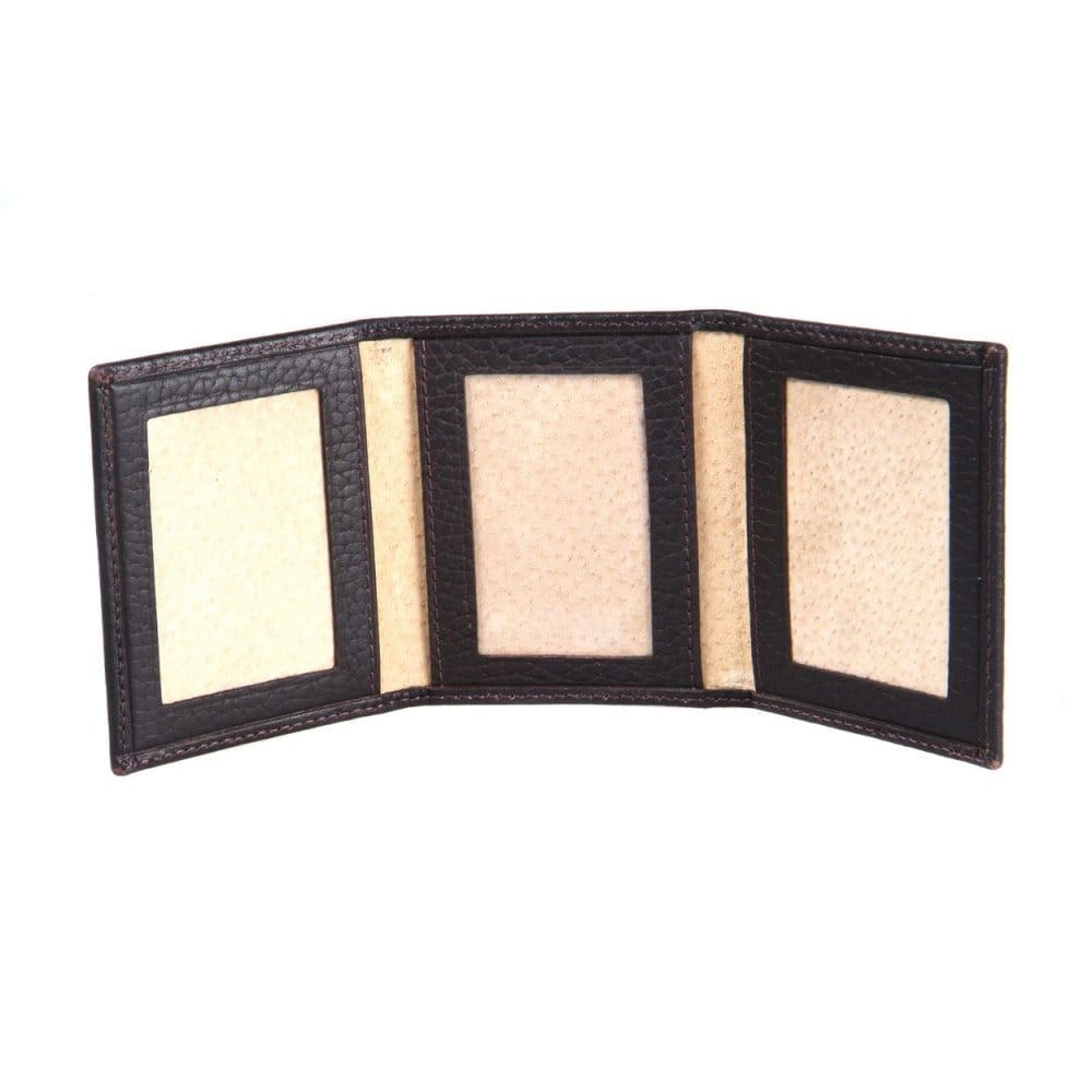 Mini leather trifold photo frame, brown, 60 x 40mm, inside