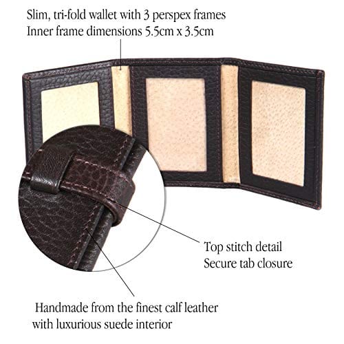 Mini leather trifold photo frame, brown, 60 x 40mm, features
