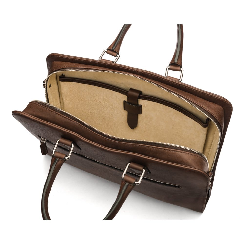 Leather 13" laptop bag, brown, inside