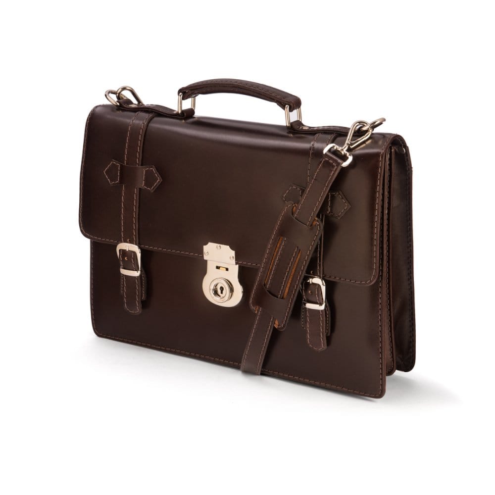 Leather Cambridge satchel briefcase with silver brass lock, brown, side
