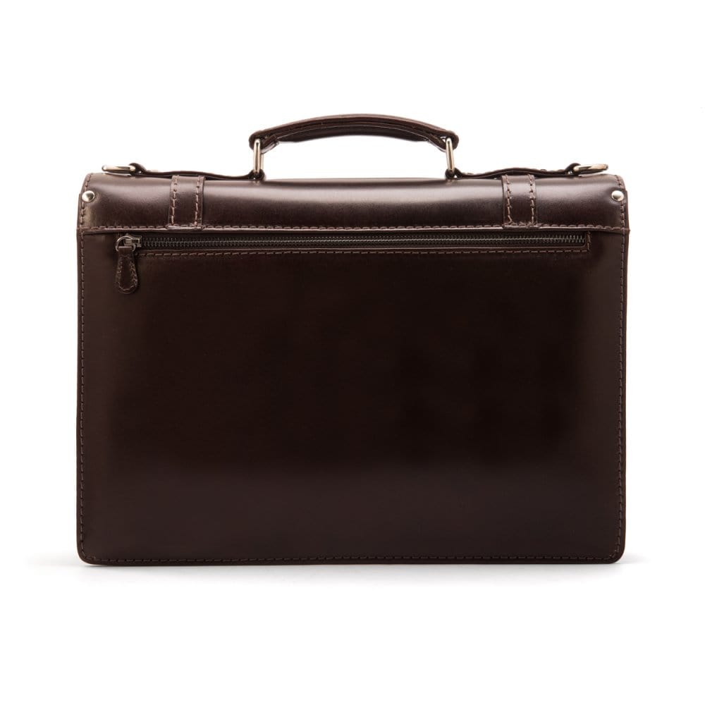 Leather Cambridge satchel briefcase with silver brass lock, brown, back