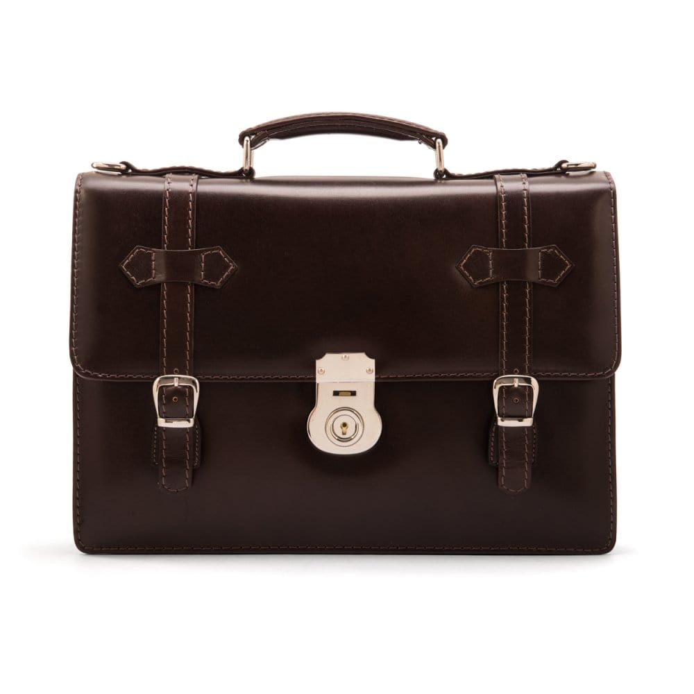 Leather Cambridge satchel briefcase with silver brass lock, brown, front