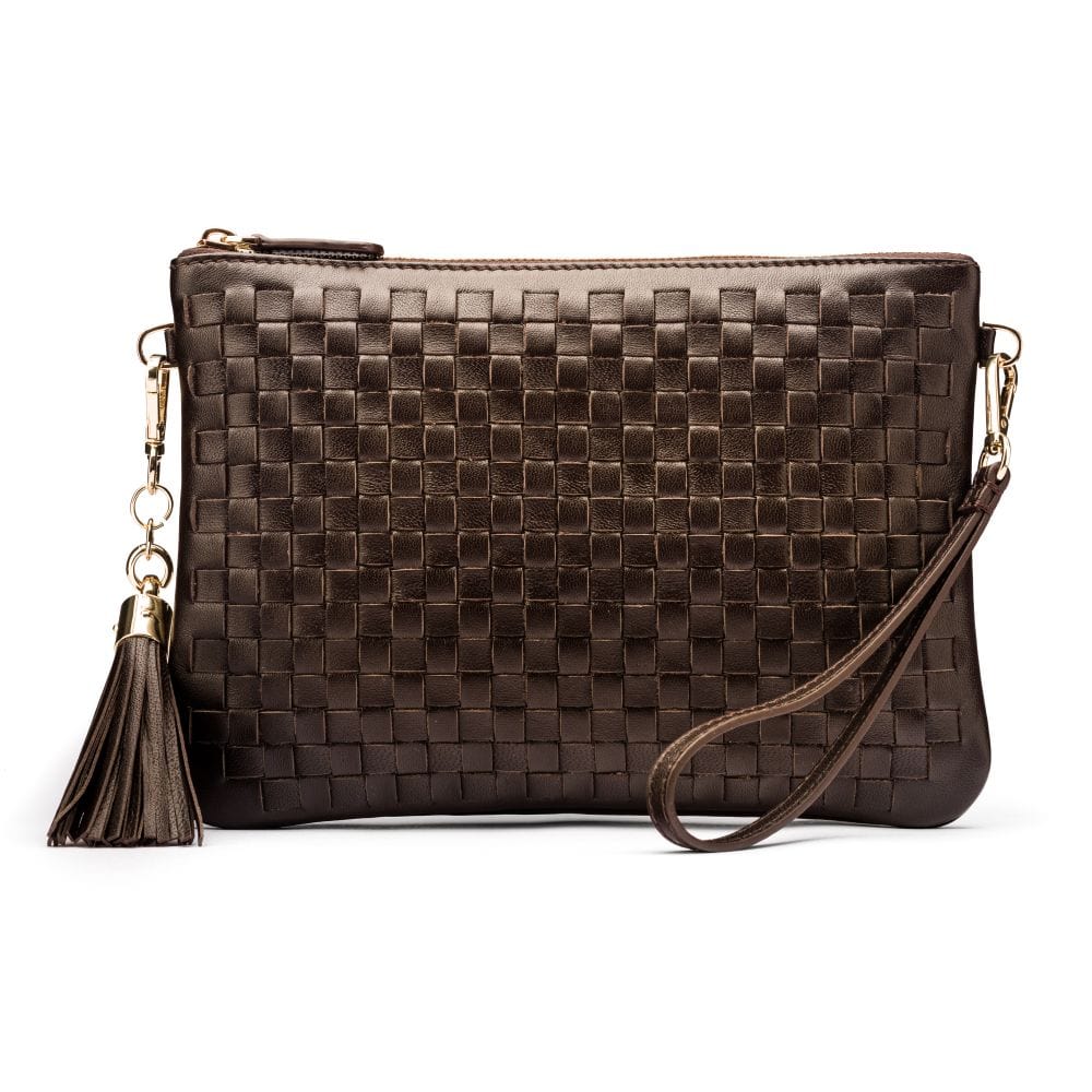 Leather woven cross body bag, brown, front view