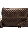 Leather woven cross body bag, brown, front view