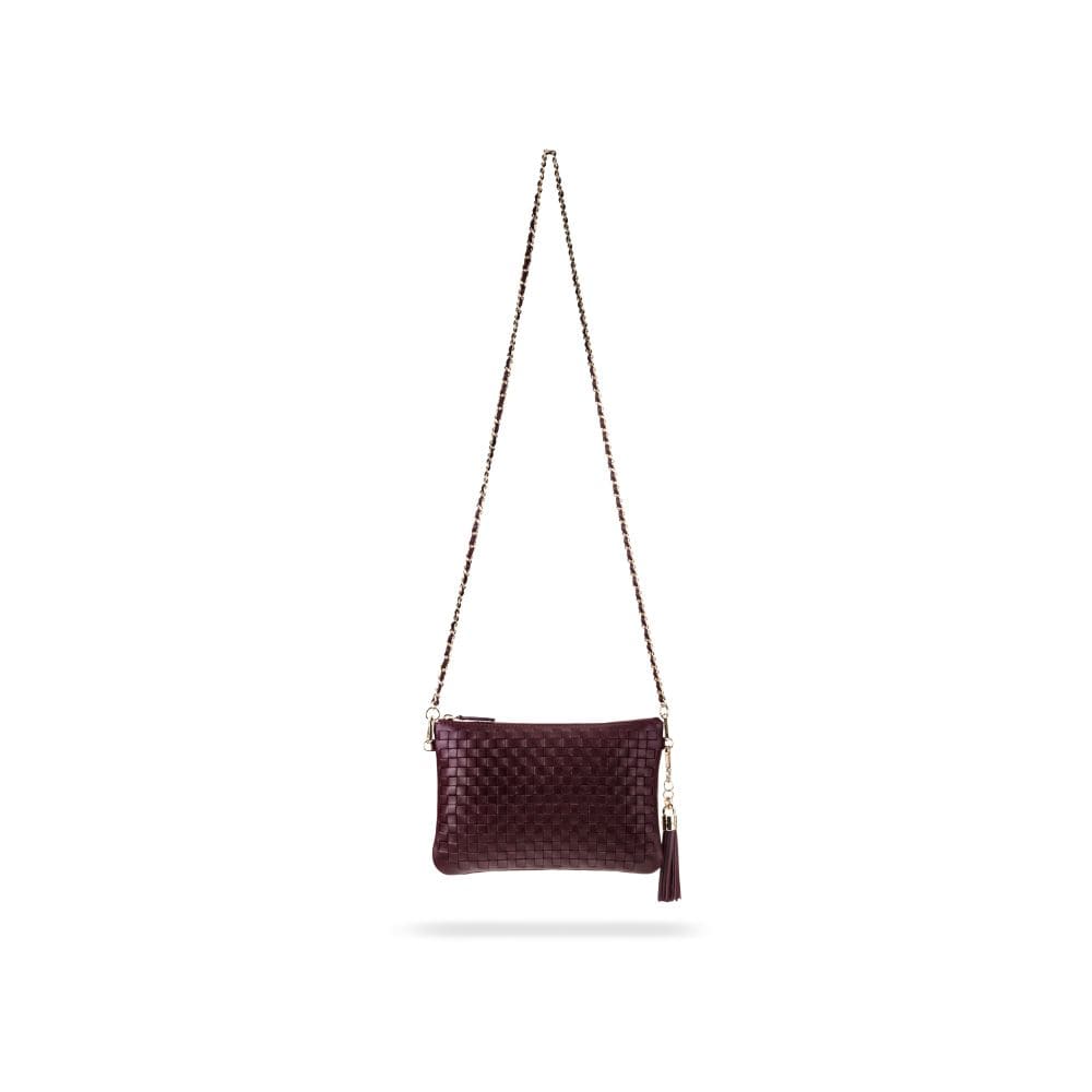 Leather woven cross body bag, brown, with long strap