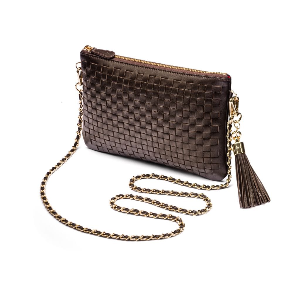 Leather woven cross body bag, brown, with chain strap