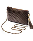 Leather woven cross body bag, brown, with chain strap