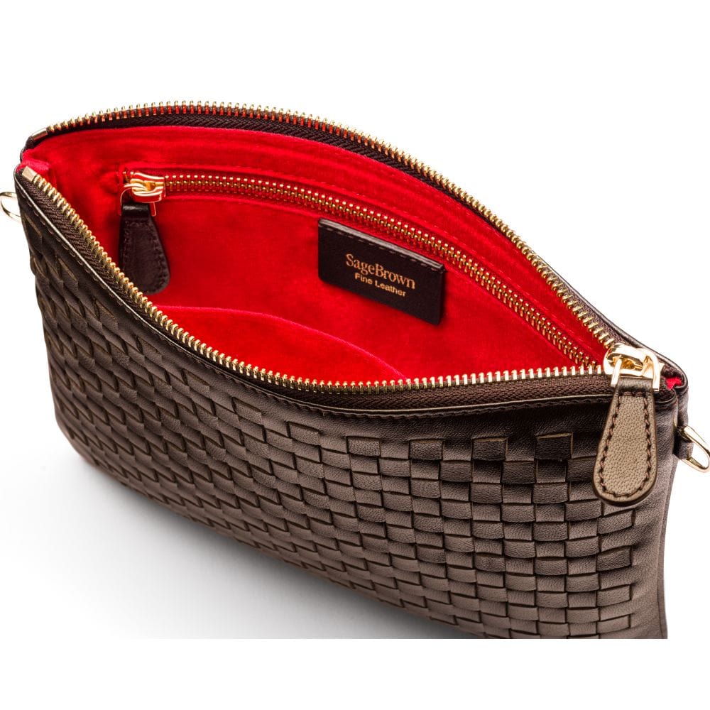 Leather woven cross body bag, brown, inside view
