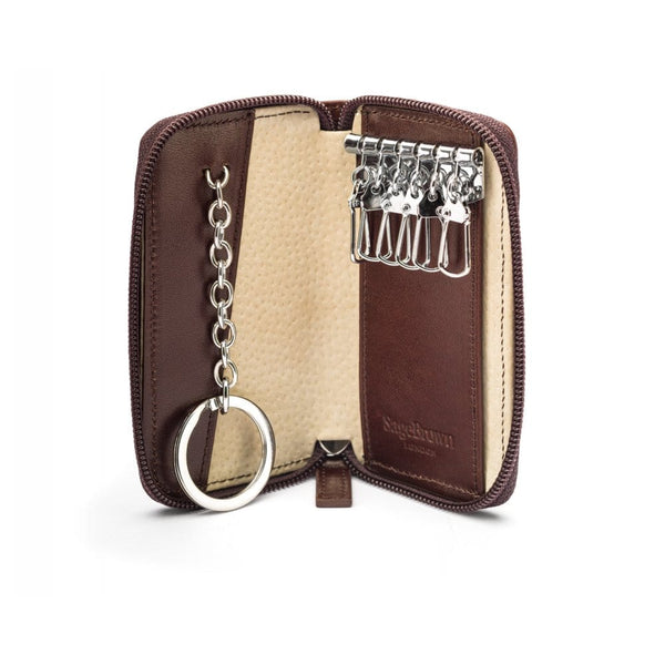 Genuine Leather Key Case Wallet - 6 Key Hooks, Zip Card Holder, Keychain Ring, Brown