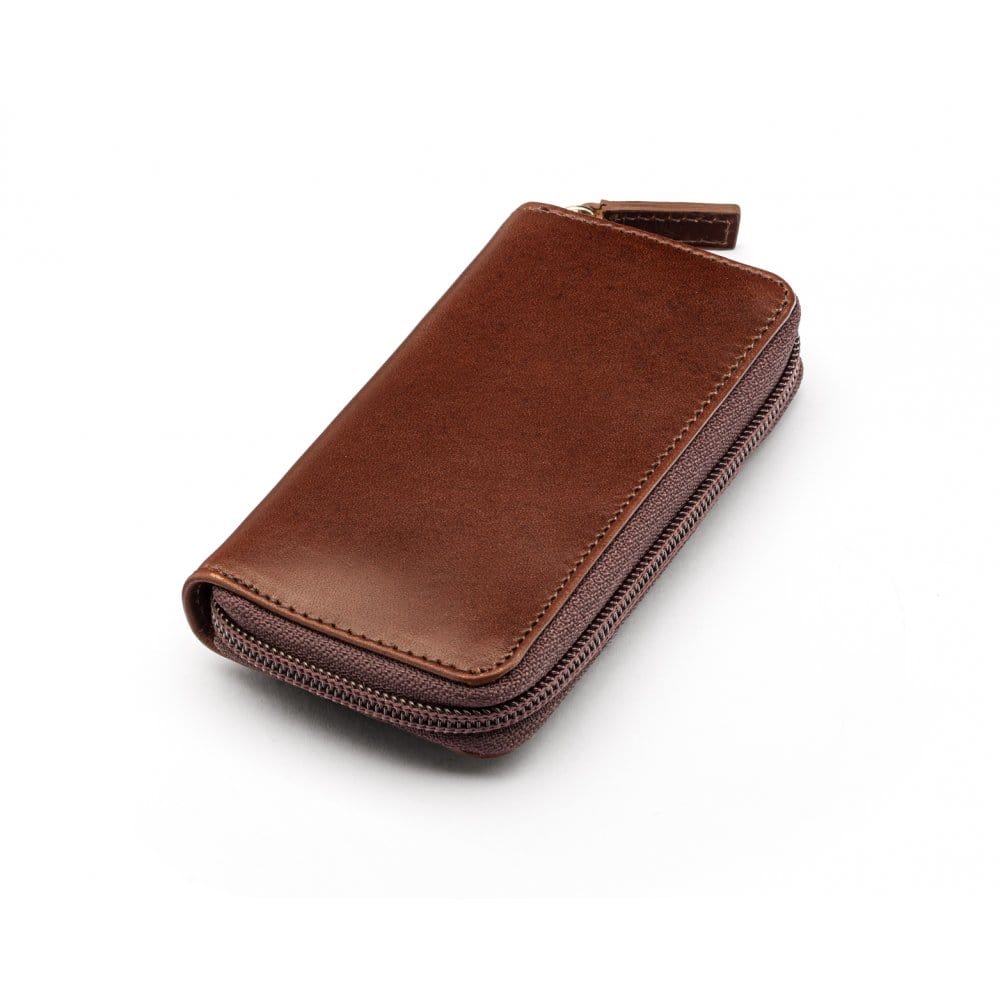 Leather zip around key case, brown, front