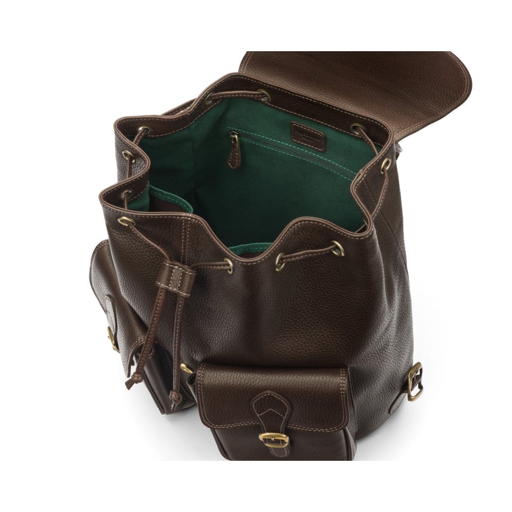 Leather backpack with pockets, brown, inside
