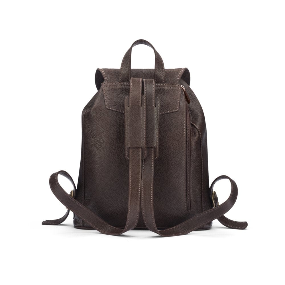 Leather backpack with pockets, brown, back view