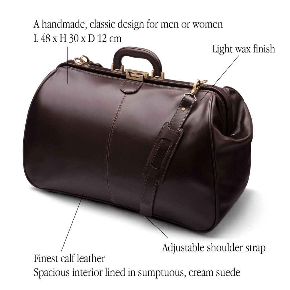Leather Gladstone holdall, brown, features
