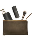 Medium leather makeup bag, brown, open