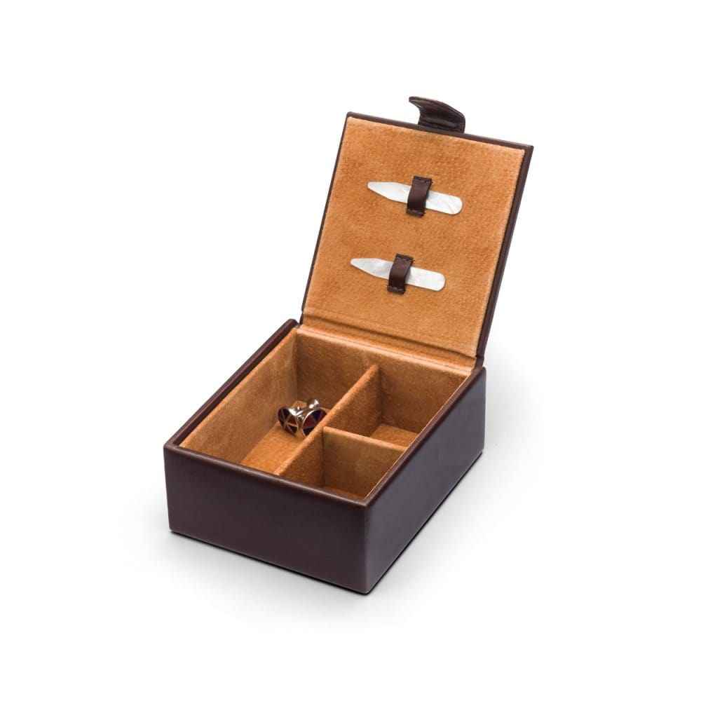 Men's leather accessory box, brown, open