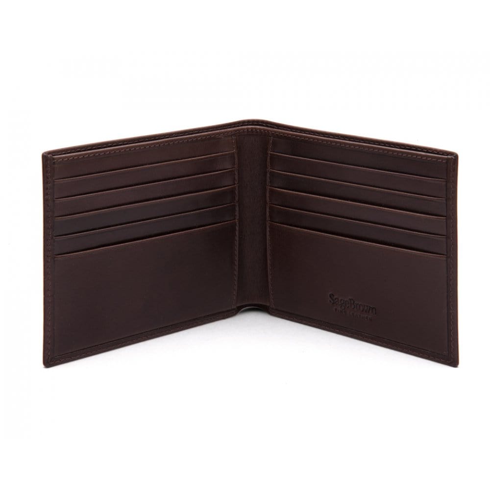 Men's leather billfold wallet, brown, open