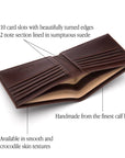 Men's leather billfold wallet, brown, features