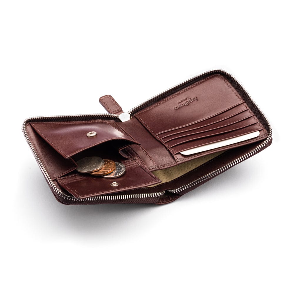 Men's leather zip wallet with coin purse, brown, inside