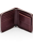 Men's leather zip wallet with coin purse, brown, open