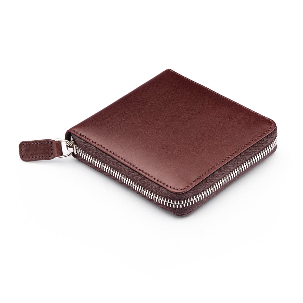 Men's leather zip wallet with coin purse, brown, front