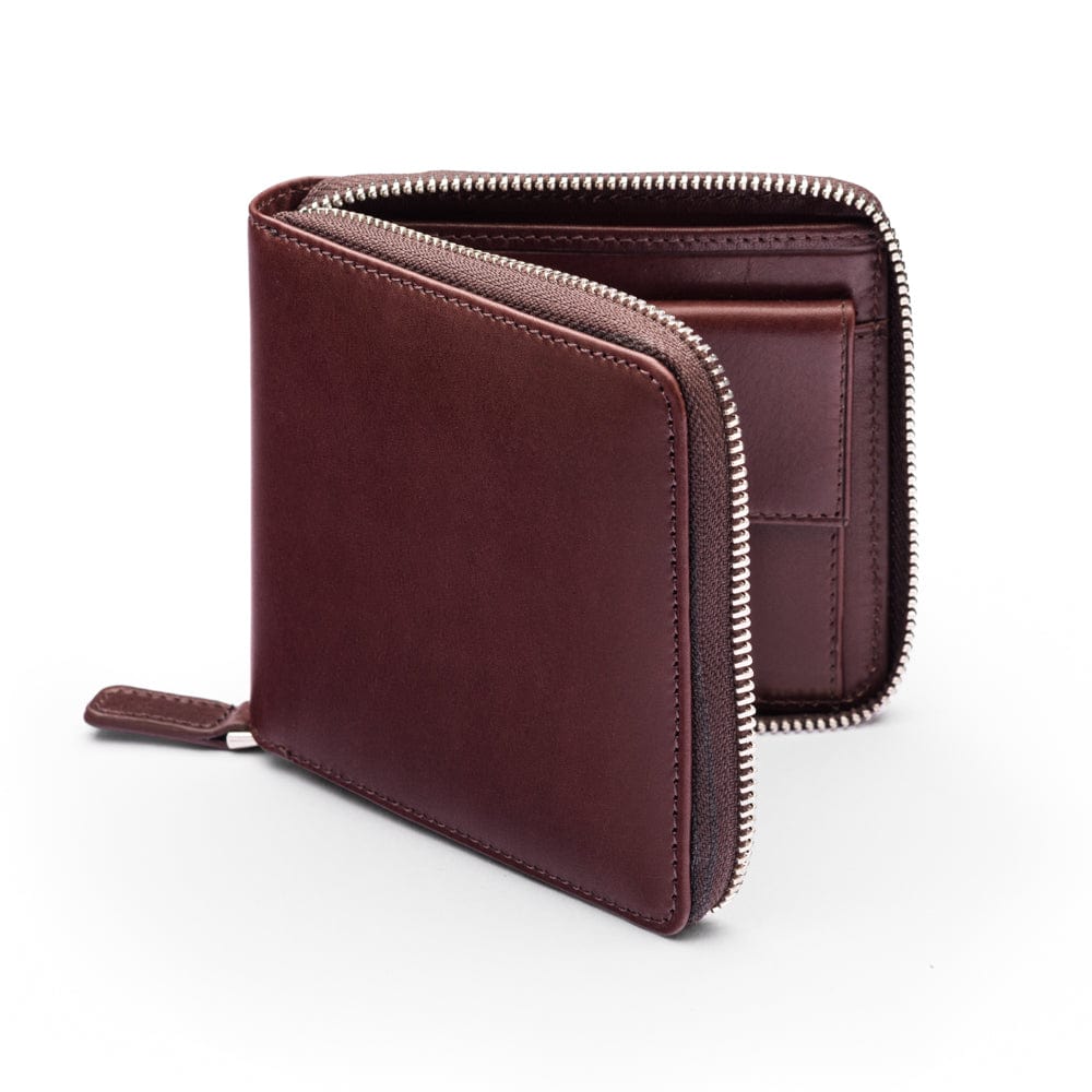 Men's leather zip wallet with coin purse, brown, front view