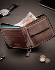 Men's leather zip wallet with coin purse, brown, lifestyle